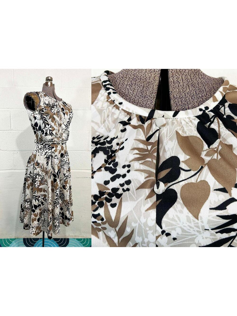Vintage Floral Dress Lady Carol White Black Brown Sleeveless Midi 1970s Medium